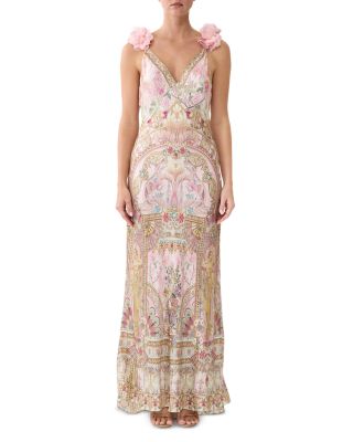 Printed Silk V Neck Ruffle Trim Slip Dress