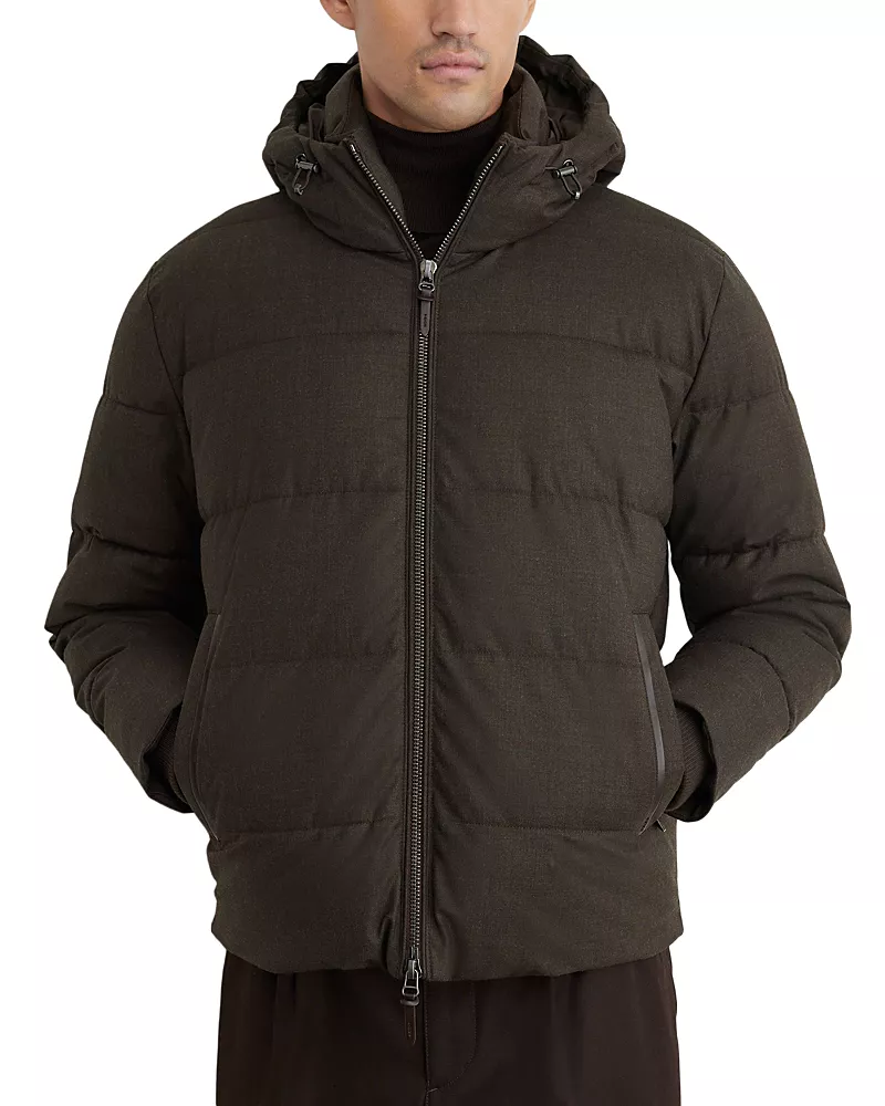 Reiss Fergus Wool Hooded Flannel Puffer Jacket