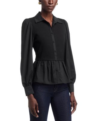 Mixed Media Puff Sleeve Peplum Top