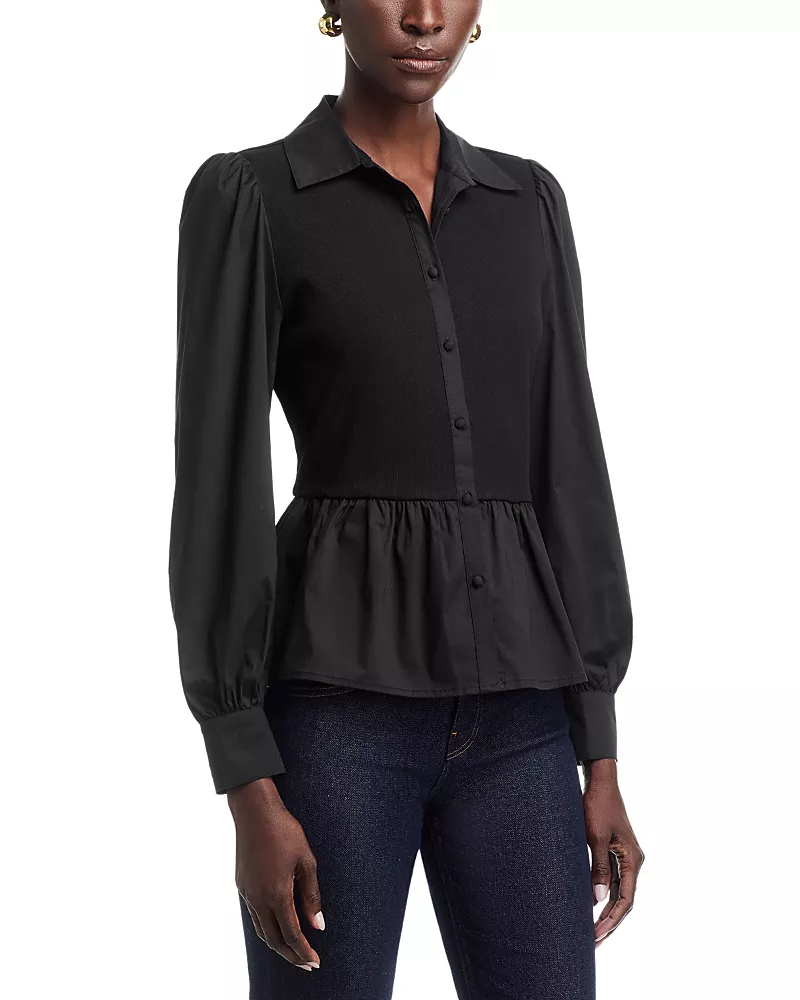Single Thread Mixed Media Puff Sleeve Peplum Top