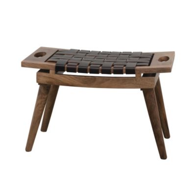  Mango Wood Stool with Woven Leather Top