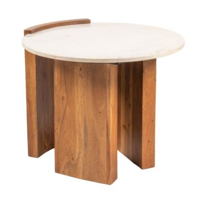  Round Marble and Mango Wood Semi-Enclosed Side Table