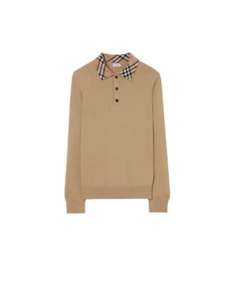 Long-sleeve Check Collar Cashmere Polo Shirt
