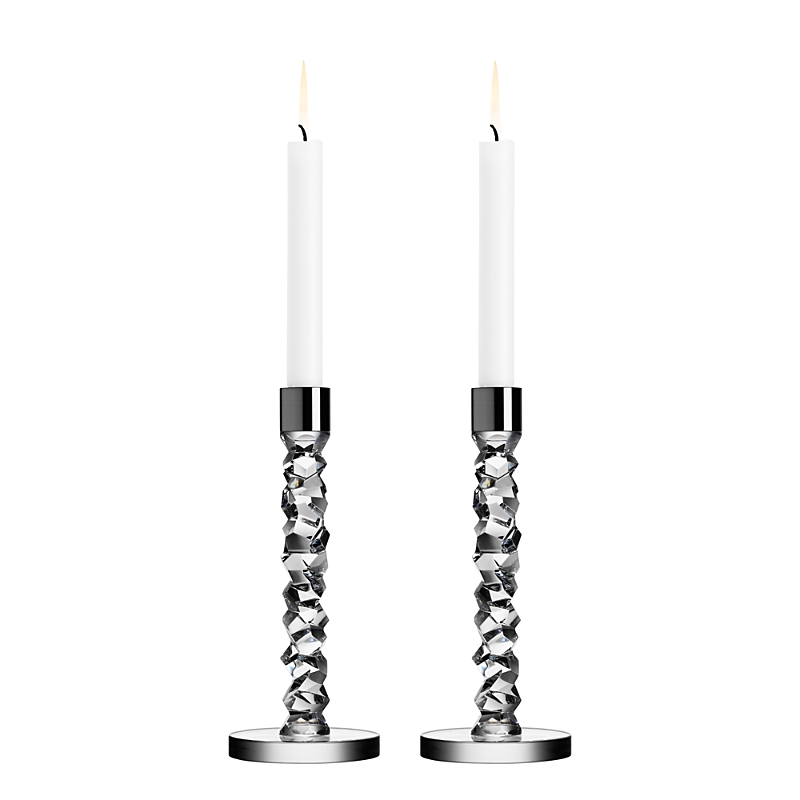 Orrefors Carat Brass Medium Candlestick Pair In Clear