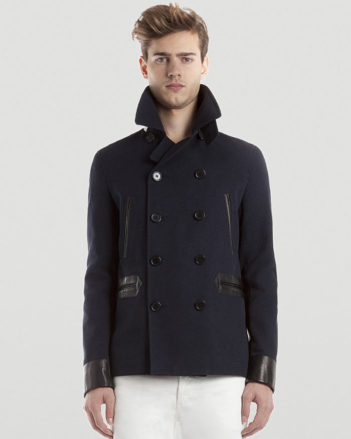Sandro Cotton Pea Coat with Leather Details | Bloomingdale's