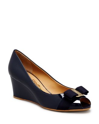 Salvatore Ferragamo Peep Toe Wedge Logo Pumps - Sissi Mid