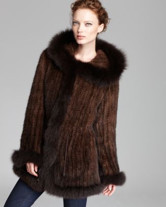 Maximilian Furs Maximilian Knitted Mink Hooded Coat with Fox Fur Trim ...