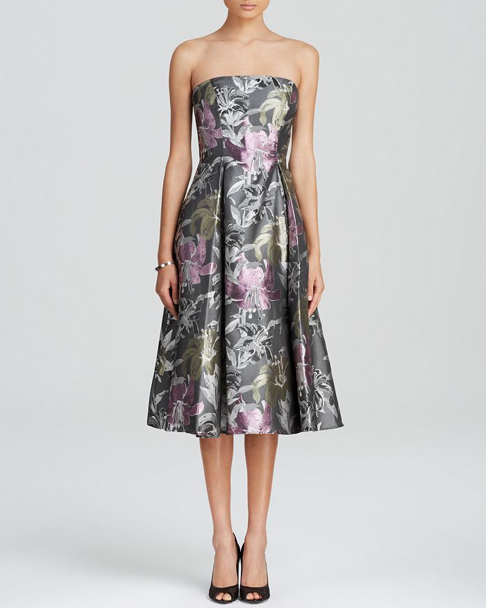 Adrianna Papell Dress - Strapless Floral Tea Length | Bloomingdale's