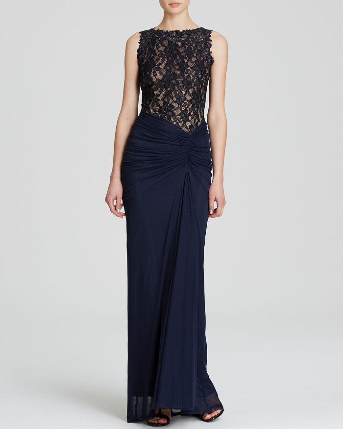 Tadashi Shoji Gown - Sleeveless Lace Ruched Tulle | Bloomingdale's