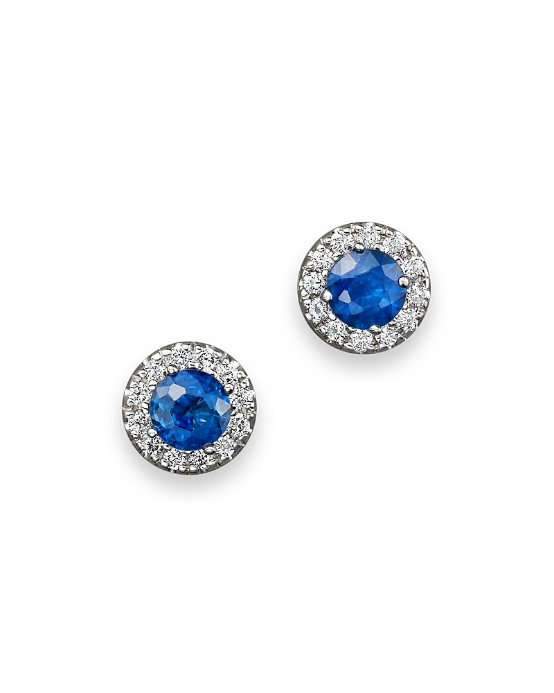 Blue Sapphire and Diamond Halo Stud Earrings in 14K White Gold