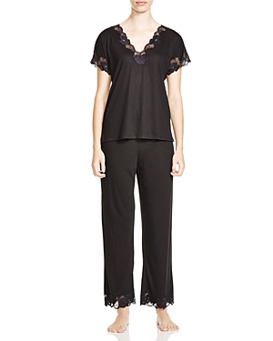 Natori Zen Floral Lace Trim Short Sleeve Pajama Set In Black