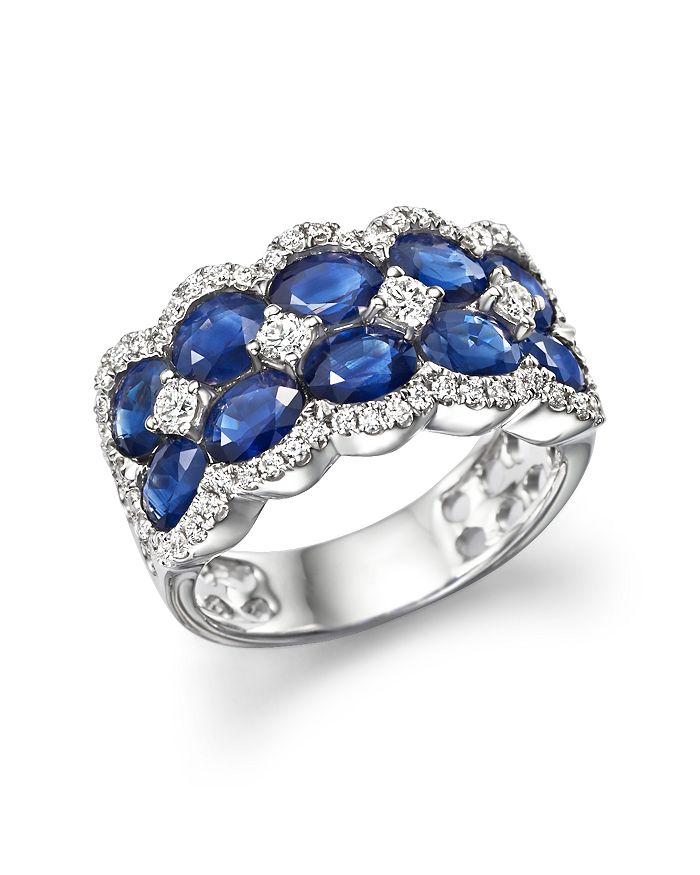 Bloomingdale's Diamond And Blue Sapphire Double Row Ring In 14k White Gold - 100% Exclusive In Blue/white