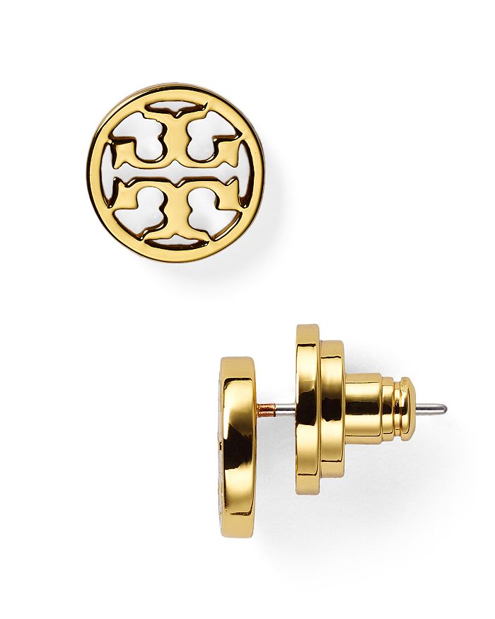 Tory Burch Logo Stud Earrings In Shiny Gold