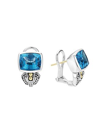 LAGOS - 18K Gold and Sterling Silver Caviar Color Stud Huggie Drop Earrings with Swiss Blue Topaz