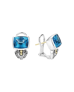 Lagos 18K Gold and Sterling Silver Caviar Color Stud Huggie Drop Earrings with Swiss Blue Topaz