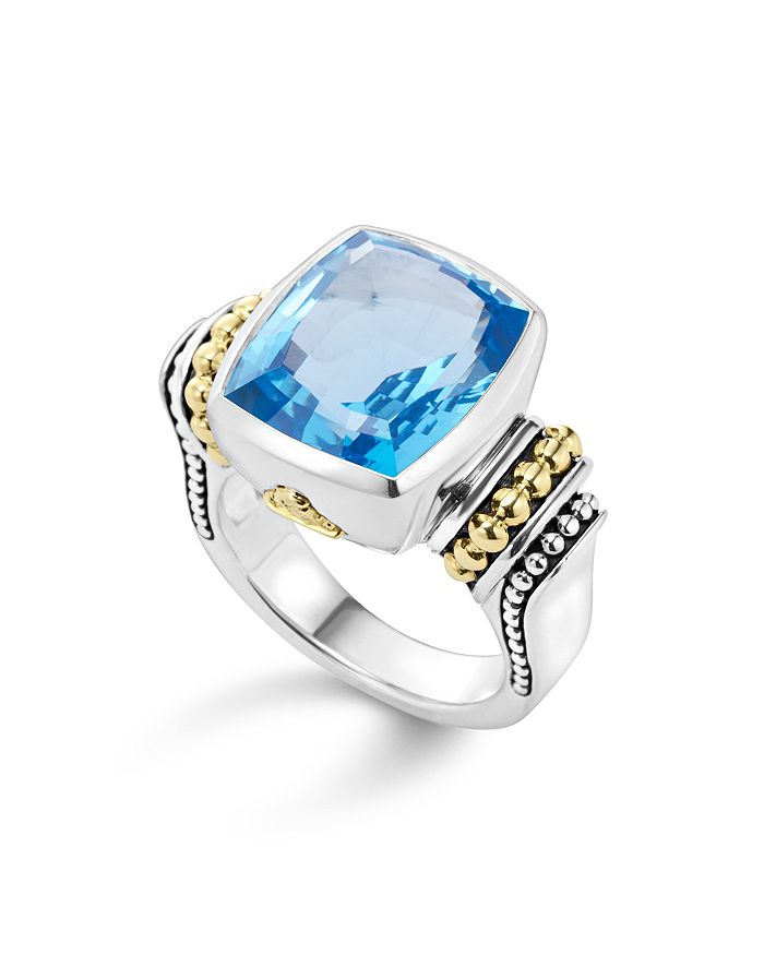 Shop Lagos 18k Gold And Sterling Silver Caviar Color Medium Ring With Swiss Blue Topaz In Blue/silver