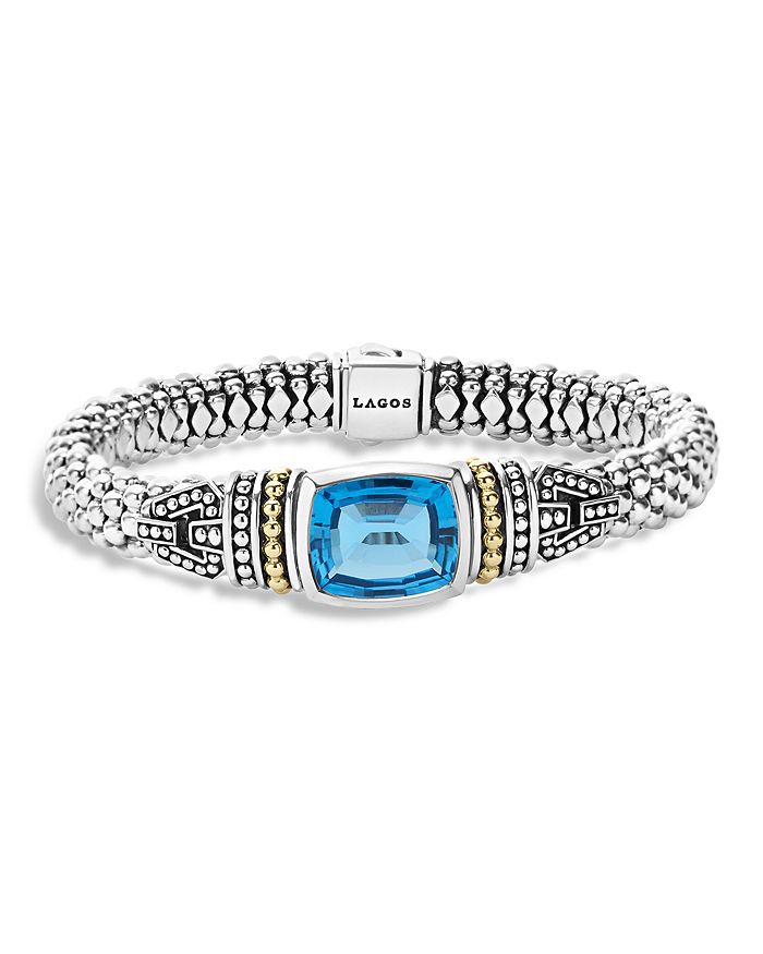 LAGOS 18K GOLD AND STERLING SILVER CAVIAR COLOR BRACELET WITH SWISS BLUE TOPAZ,05-81125-BM