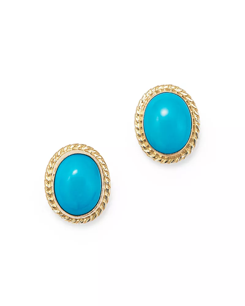 Turquoise Bezel Set Small Stud Earrings in 14K Yellow Gold