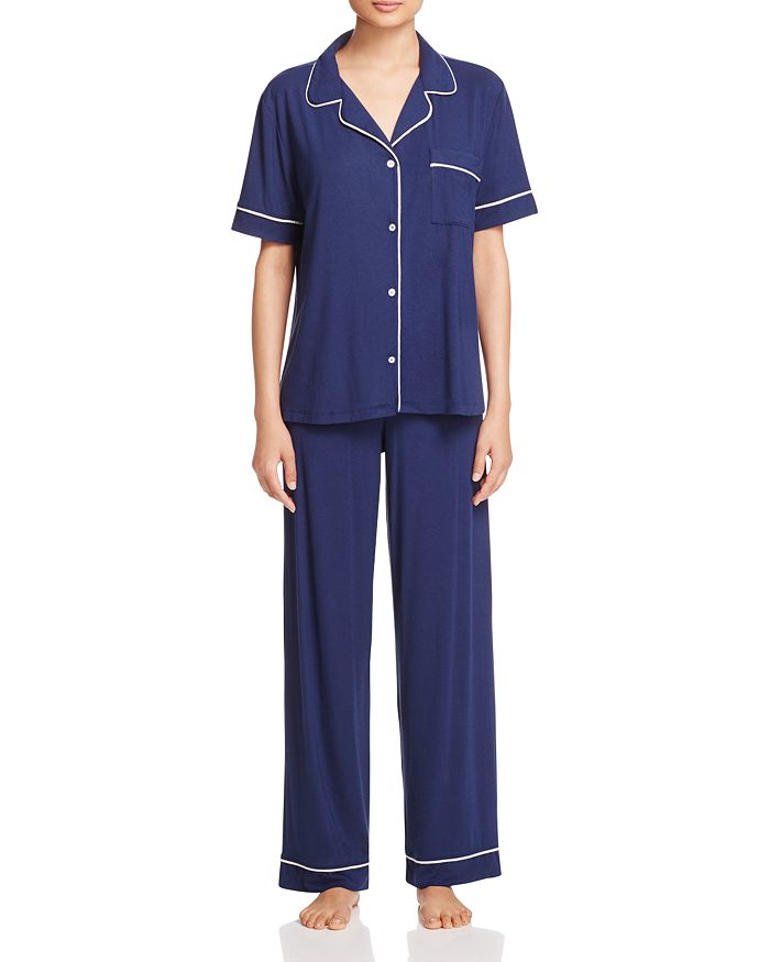 Shop Eberjey Gisele Short Sleeve Long Pant Pajama Set In Navy/ivory