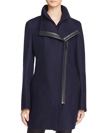 Calvin Klein Faux Leather Trim Asymmetric Coat | Bloomingdale's