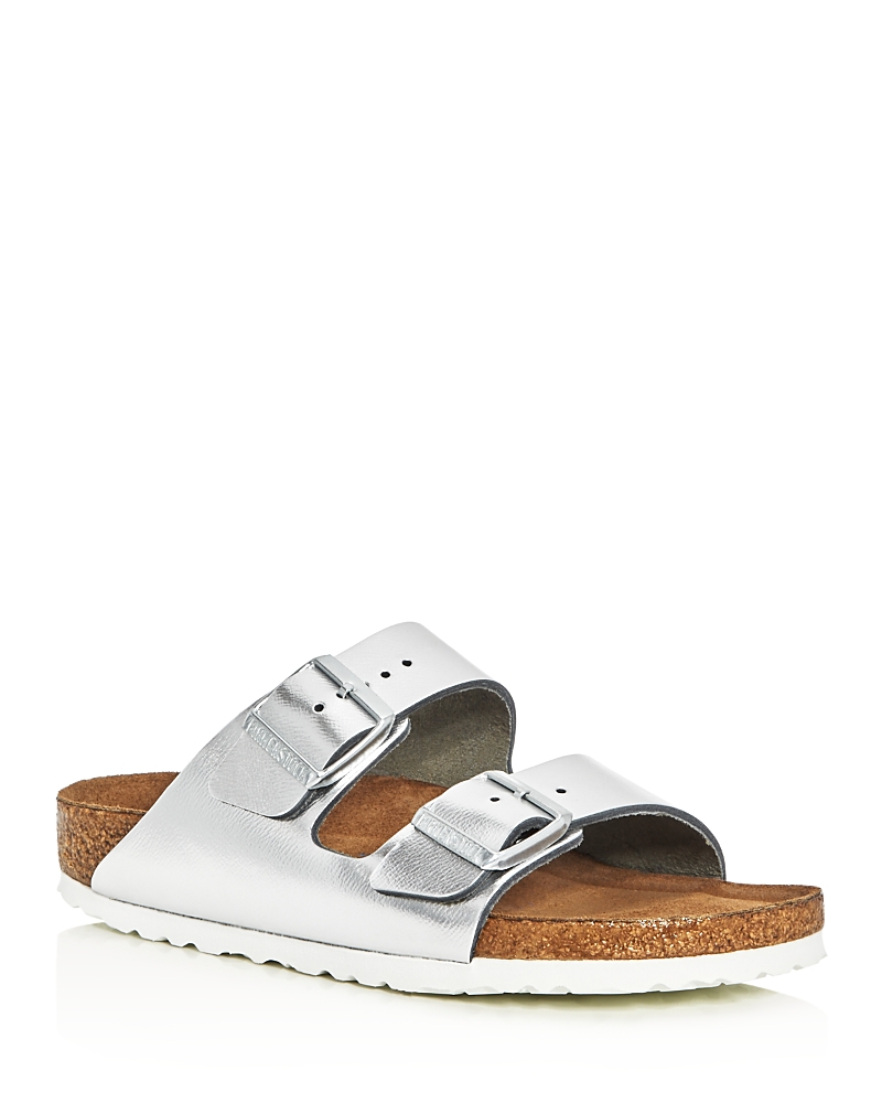Birkenstock Arizona Double-buckle Metallic Slides In Silver Leather