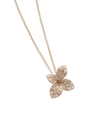 18K Rose Gold Secret Garden Small Four Petal Pav&eacute; Diamond Pendant Necklace, 16"