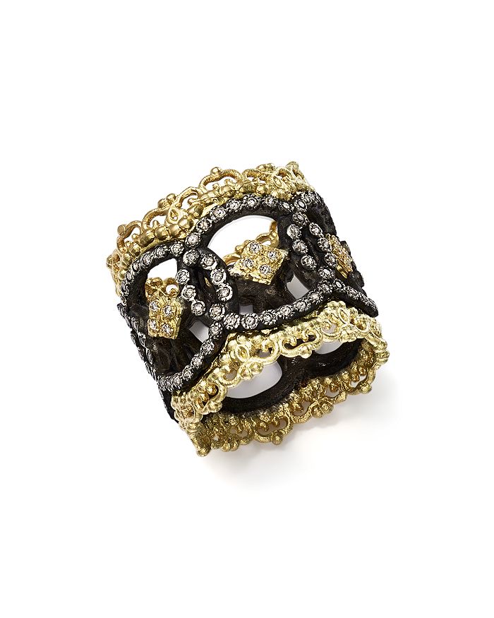 Armenta 18k Yellow Gold And Blackened Sterling Silver Old World Champagne Diamond Scalloped Ring In White/multi