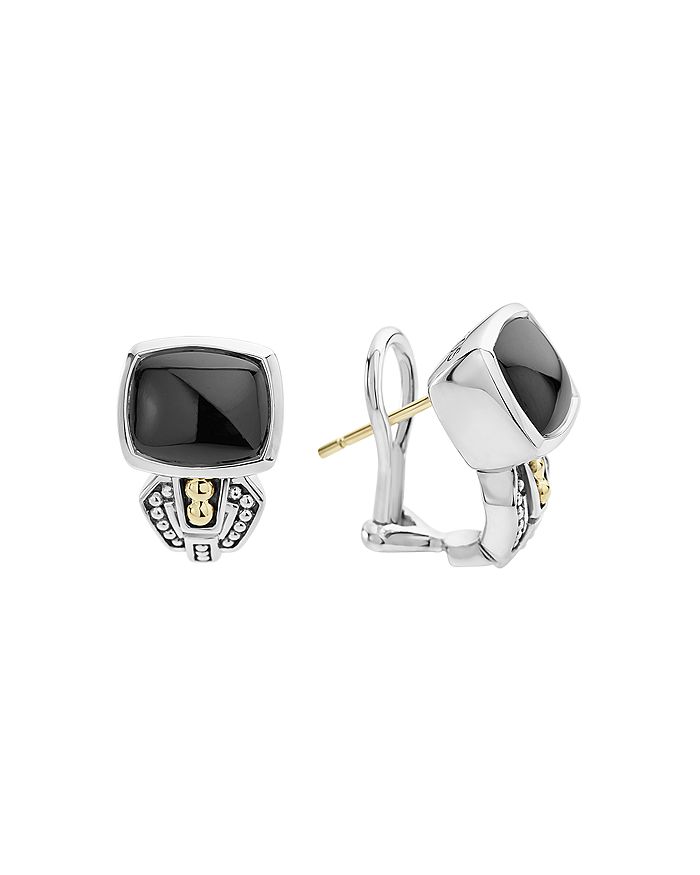 LAGOS 18K GOLD AND STERLING SILVER CAVIAR colour ONYX HUGGIE DROP EARRINGS,01-81515-OXX