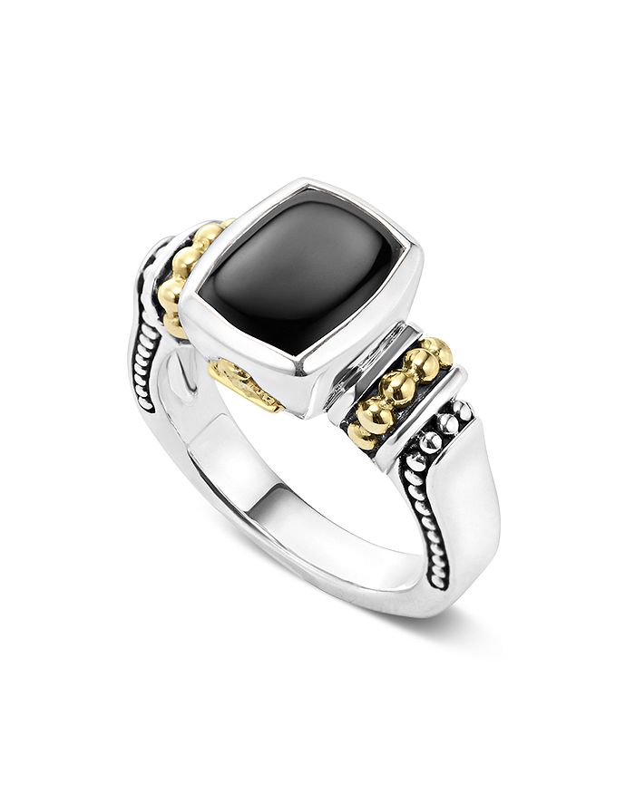 LAGOS 18K GOLD AND STERLING SILVER CAVIAR colour SMALL ONYX SMALL RING,02-80561-OXX7