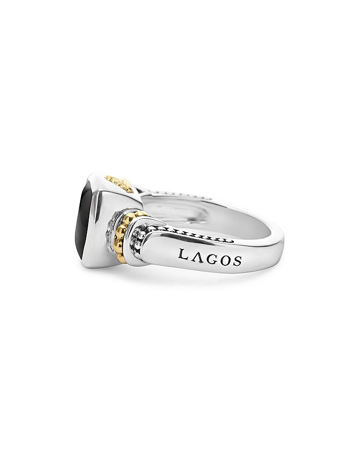 Shop Lagos 18k Gold And Sterling Silver Caviar Color Small Onyx Small Ring In Black/silver