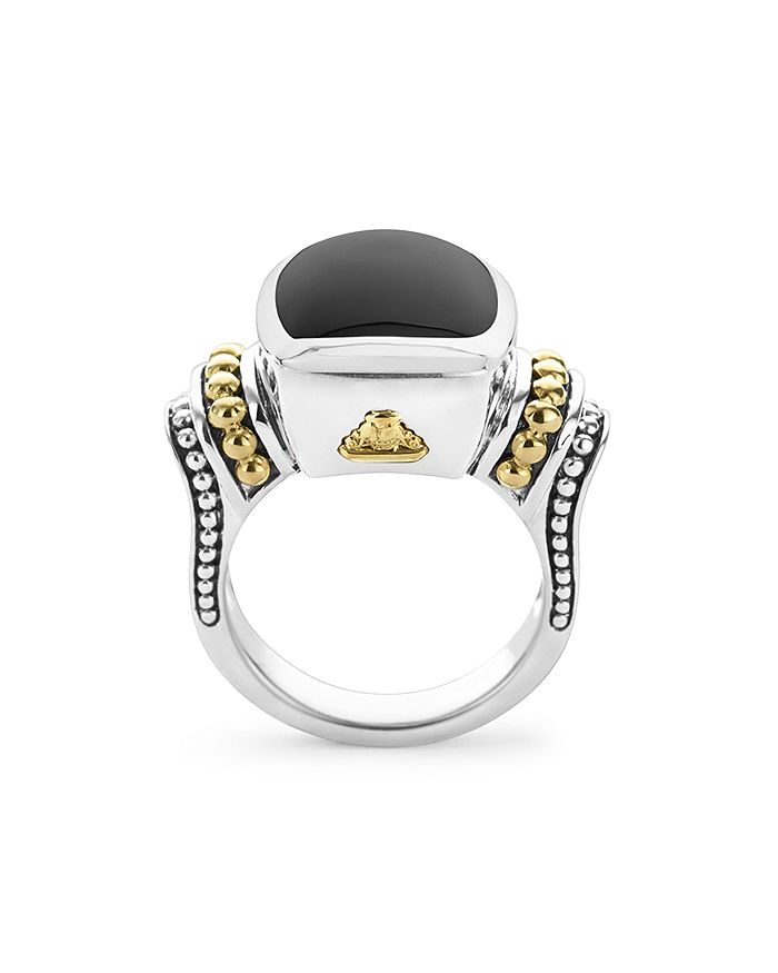 Shop Lagos 18k Gold And Sterling Silver Medium Onyx Ring In Black/silver