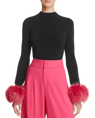 稀少alice+olivia長袖トップスフォックスファー取外し可能2WAY DELAINA TOP in OFF WHITE | ALICE + OLIVIA