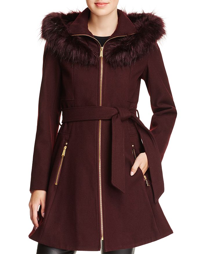 Laundry by Shelli Segal Faux Fur Trim Belted Fit Flare Coat Bloomingdale s