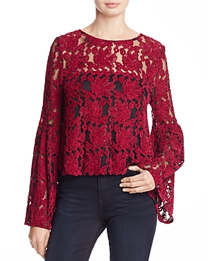 CUPCAKES AND CASHMERE Florent Crewneck Bell-Sleeve Lace Blouse in Beet ...