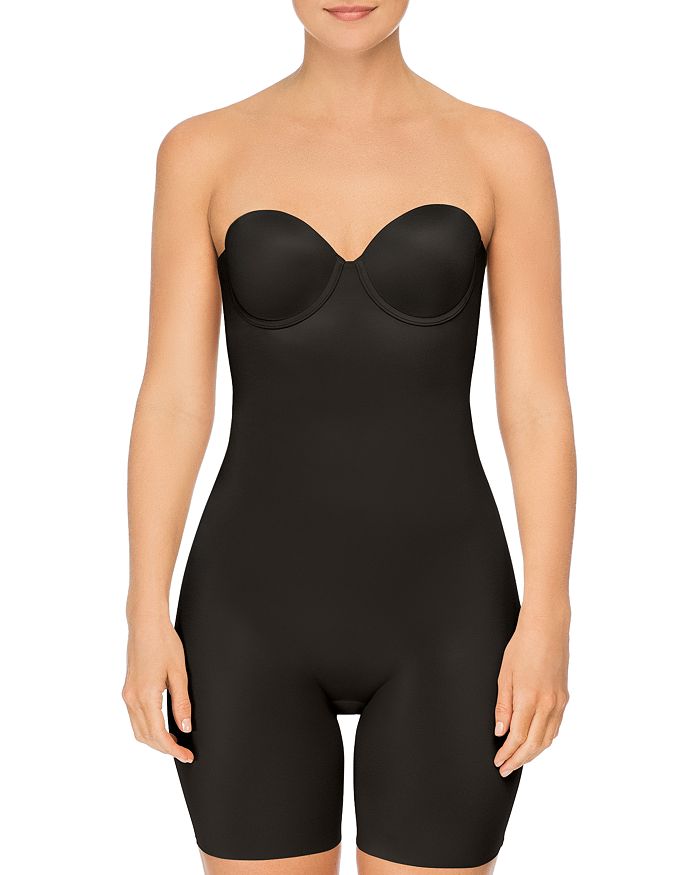 Shop Spanx Suit Your Fancy Strapless Convertible Underwire Mid-thigh Bodysuit In Very Black