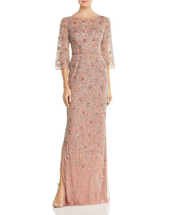 Aidan Mattox Embellished Three-quarter-sleeve Gown In Rose Gold | ModeSens