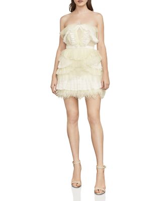 BCBGMAXAZRIA Owen Feather Trim Ruffled Strapless Dress