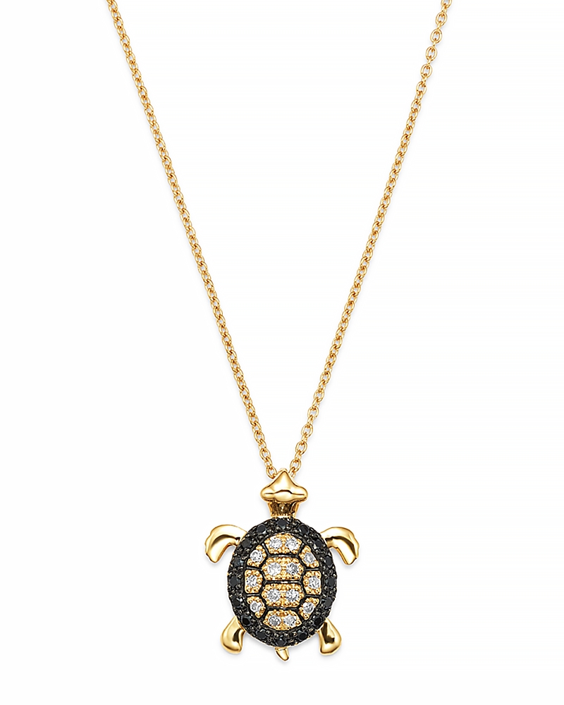 Black & White Diamond Turtle Pendant in 14K Yellow Gold