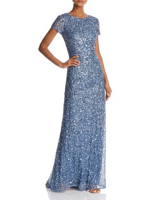 adrianna papell cap sleeve sequin dress Grey Blouson Short Sleeve Beaded Long Dress