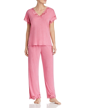 Natori Zen Floral Lace-trim Short Sleeve Pajama Set In Heather Hibiscus Pink