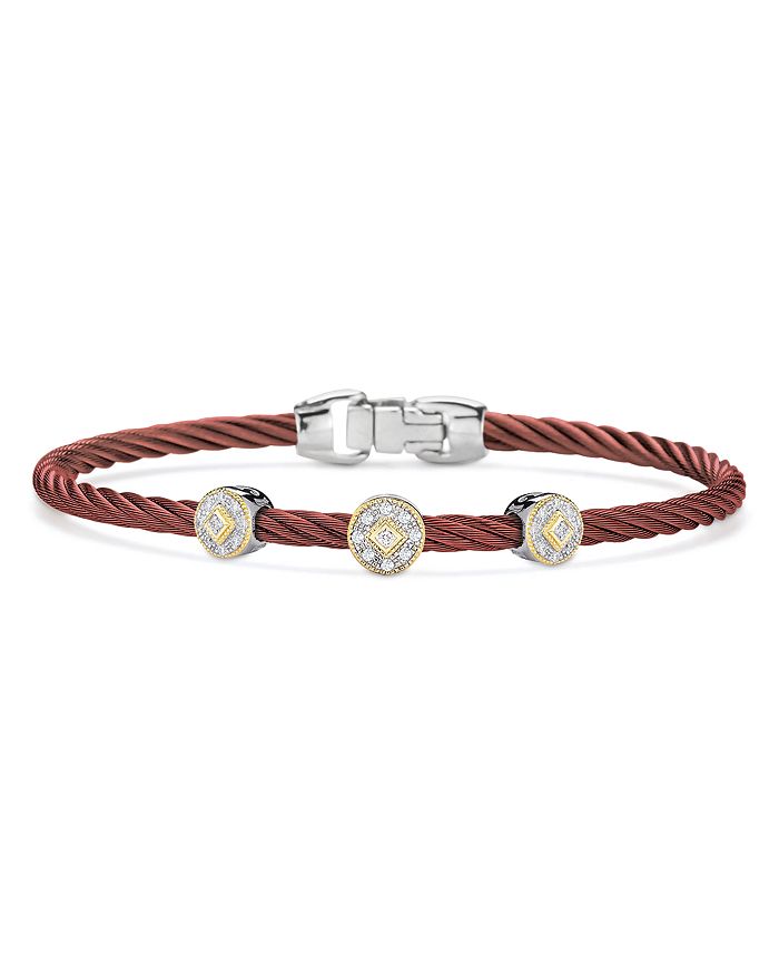 Alor Three-station Burgundy Cable Bangle Bracelet With Diamonds In Silver/red