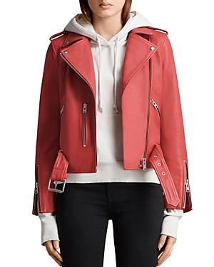 Allsaints Balfern Leather Biker Jacket In Coral Red