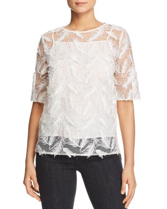 Badgley Mischka Sheer Embroidered Feather Top | Bloomingdale's