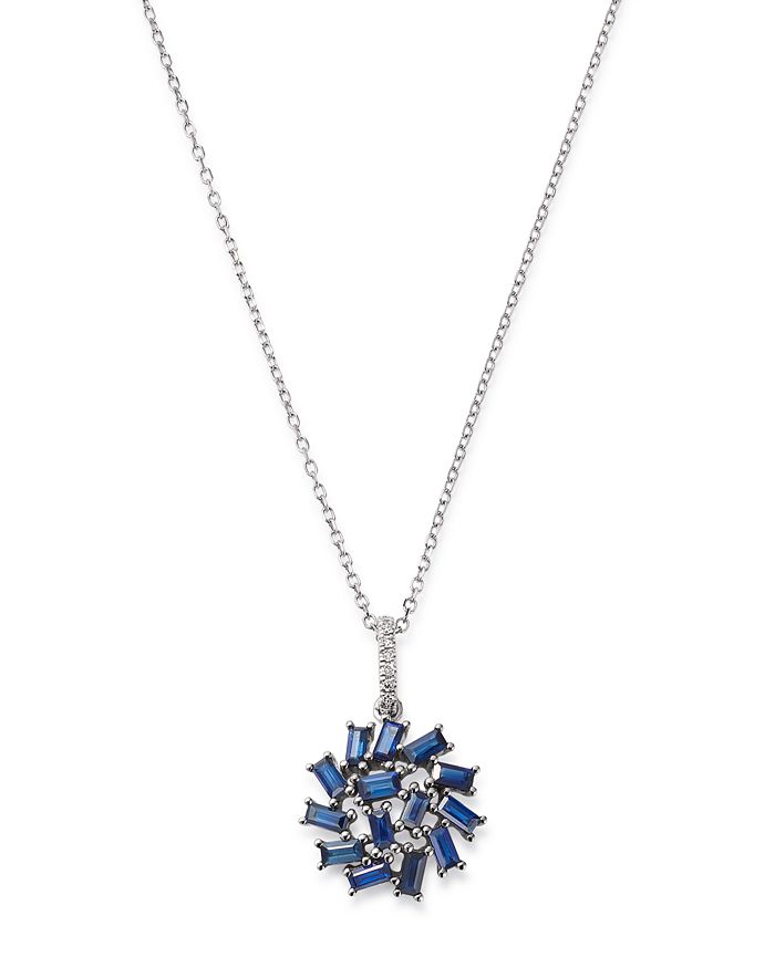 Kc Designs 14k White Gold Mosaic Sapphire Baguette & Diamond Pendant Necklace, 16 In Blue/white