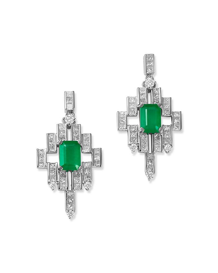 Bloomingdale's Emerald & Diamond Deco Drop Earrings In 14k White Gold - 100% Exclusive In Green/white