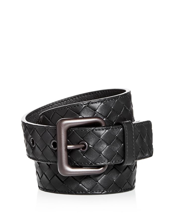Bottega Veneta Men's Matte Buckle Woven Leather Belt In Black