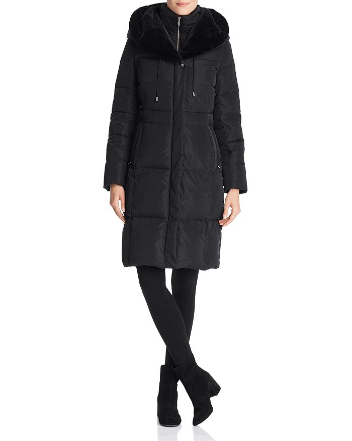 COLE HAAN ZIP-FRONT PUFFER COAT WITH FAUX FUR-LINED HOOD,358MD529