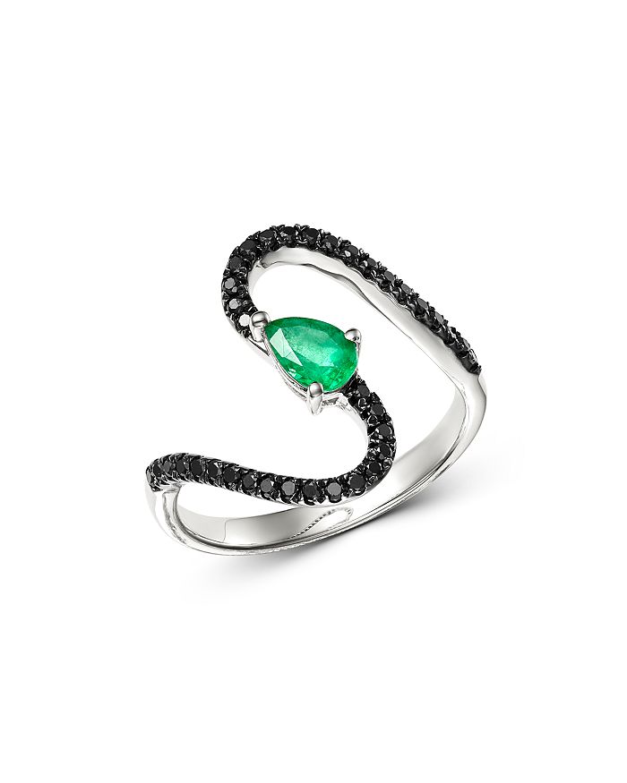 Bloomingdale's - Black Diamond & Emerald Teardrop Swerve Cocktail Ring in 14K White Gold - 100% Exclusive