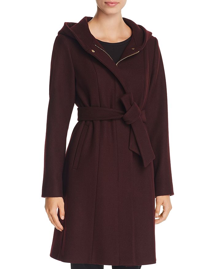 Vince Camuto Hooded Belted Wrap Coat In Merlot