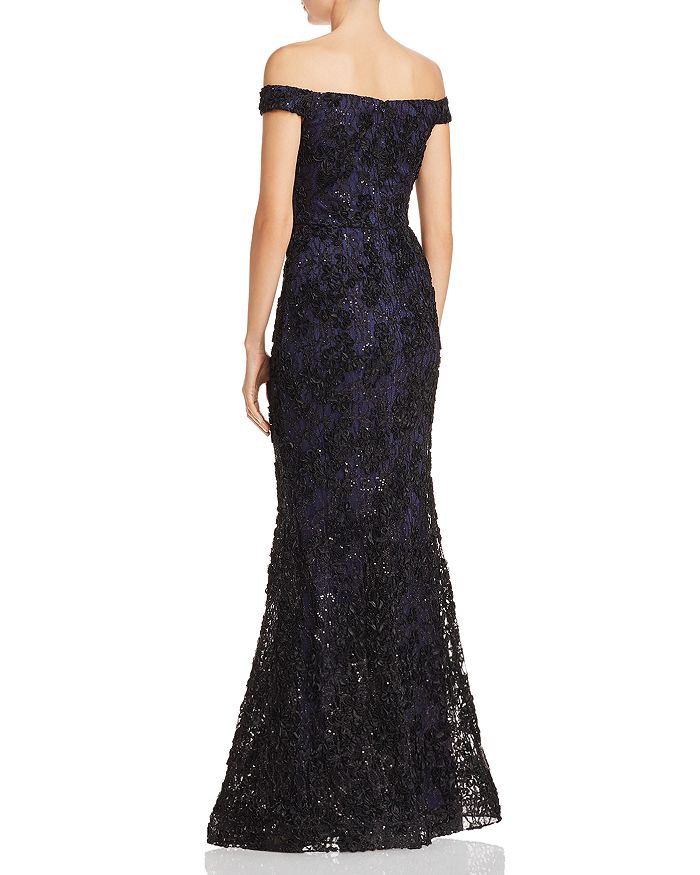 Shop Aqua Off-the-shoulder Embellished Lace Gown - 100% Exclusive In Black/navy